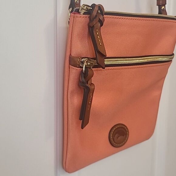 Dooney & Bourke Nylon Double Zip Coral Orange Crossbody Bag Leather Details - Picture 7 of 16